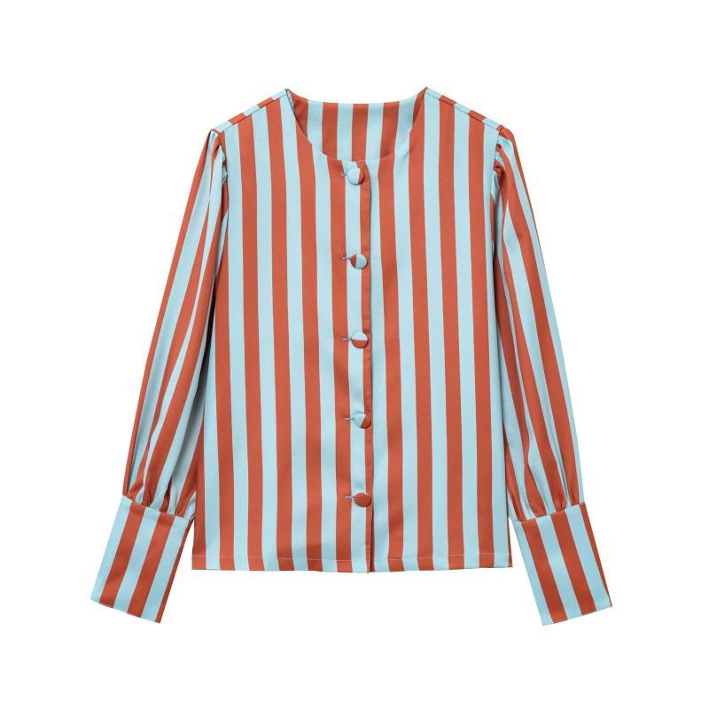 

Новый весенний женский модный топ в полоску с принтом и рукавами-буфами, украшенный пряжкой L красный