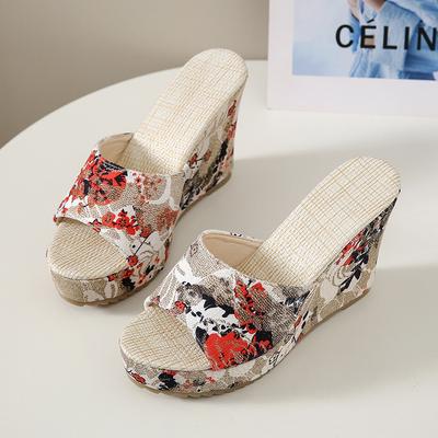 Moda Buty Damskie Buty Modowe Casualowe Klapki Letnie Vintage Kwiatowy Nadruk Peep Toe Koturny Kapcie Zapatos De Mujer