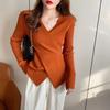 Women's V Neck Cross Wrap Knit Sweater Long Sleeve Slim Fitted Basic Knitwear Inner Top