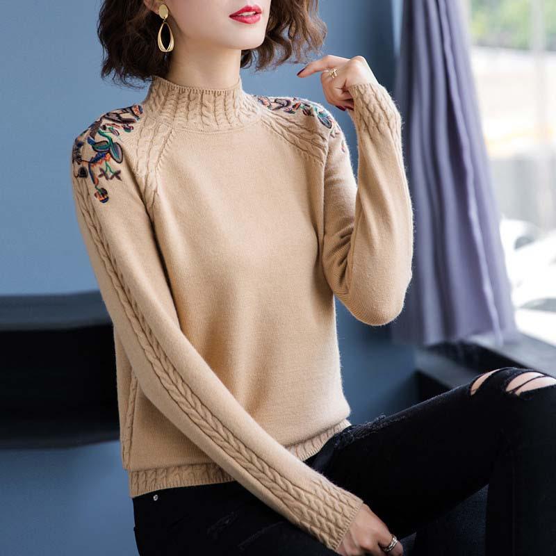 Women's Half High Neck Sweater Autumn and Winter Loose Embroidered Pullover Knitted Sweater
