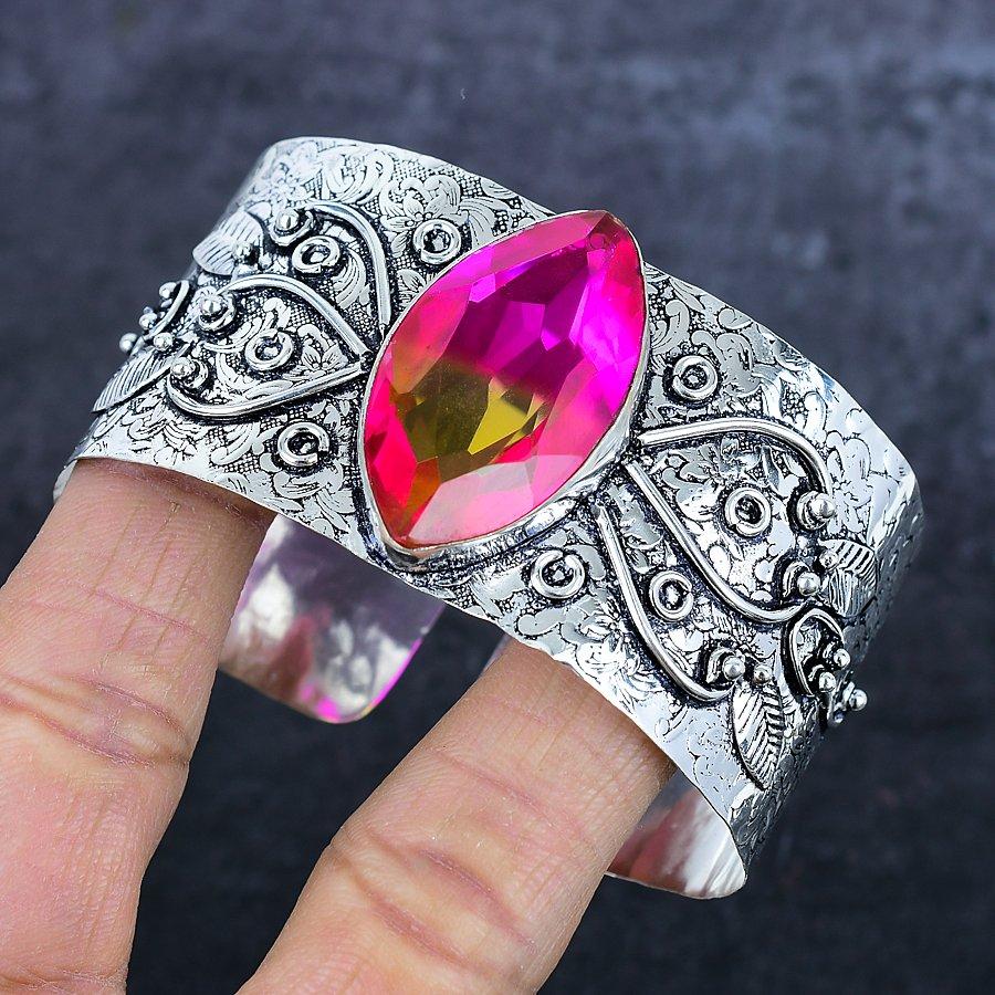 Bi-Color Tourmaline Gemstone 925 Sterling Silver Cuff Bangle Adjustable V8n38