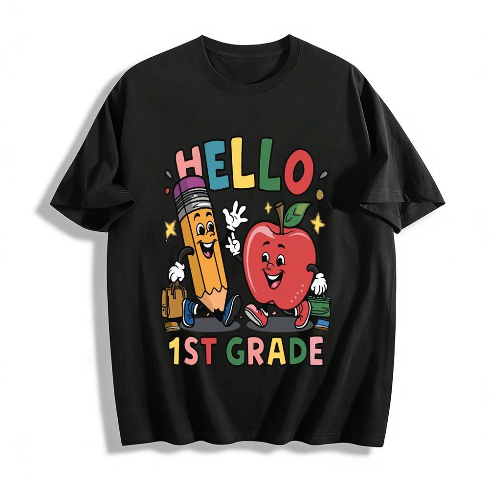 

Hello 1st Grade Cute Pencil Apple Print Kids Casual Top Pure cotton T-shirt XXS