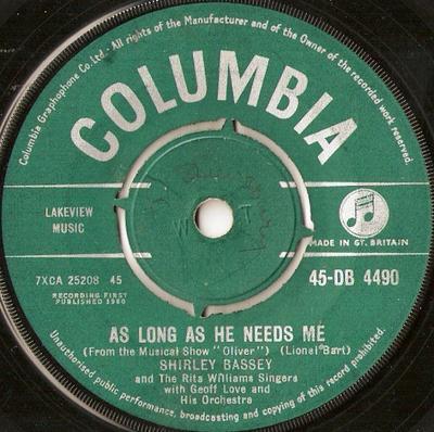 7inch Record SHIRLEY BASSEY, THE RITA WILLIAMS S - As Long As He Needs Me 45DB4490 Columbia 1960 UK Pop Used