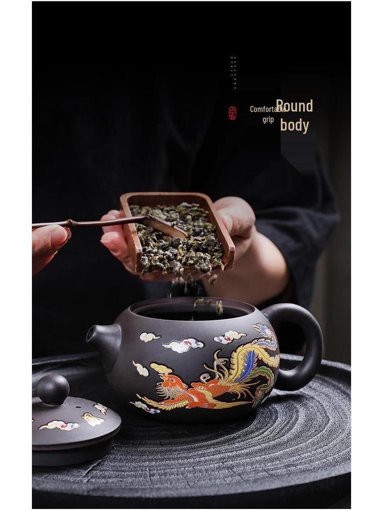 Heat-Sensitive Color-Changing Zisha Dragon & Phoenix Teapot with Bird Sound Water Outlet