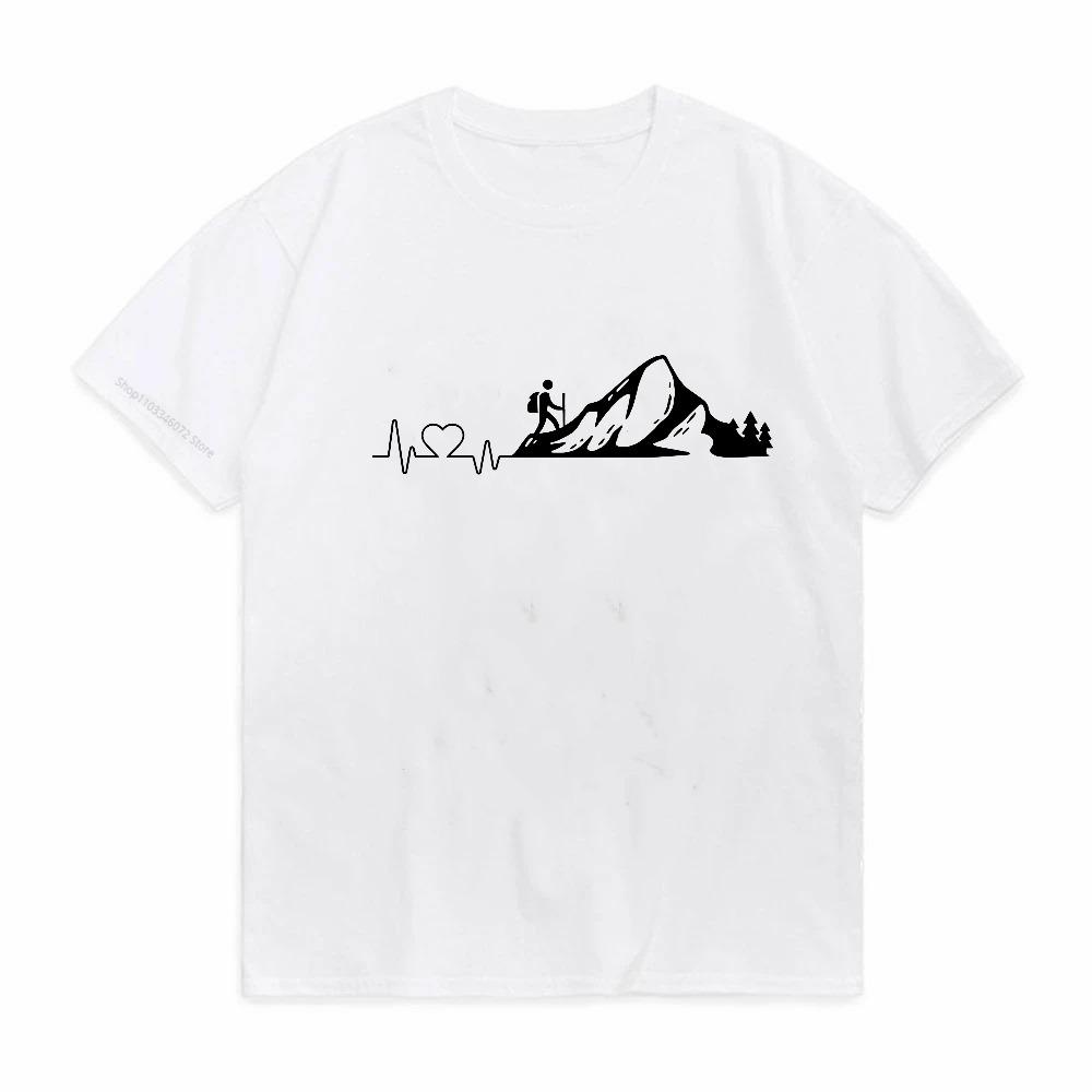 Unisex Mountain ECG Graphic T Shirt Summer Casual Short Sleeved TShirt Outdoor for Hiking Camping Breathable Round Neck Top Tees