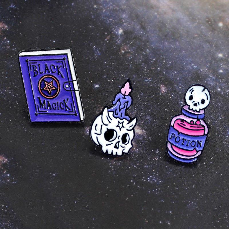 Premium Quality Enamel Brooch Featuring Witch Tools Skull Cat For Halloween