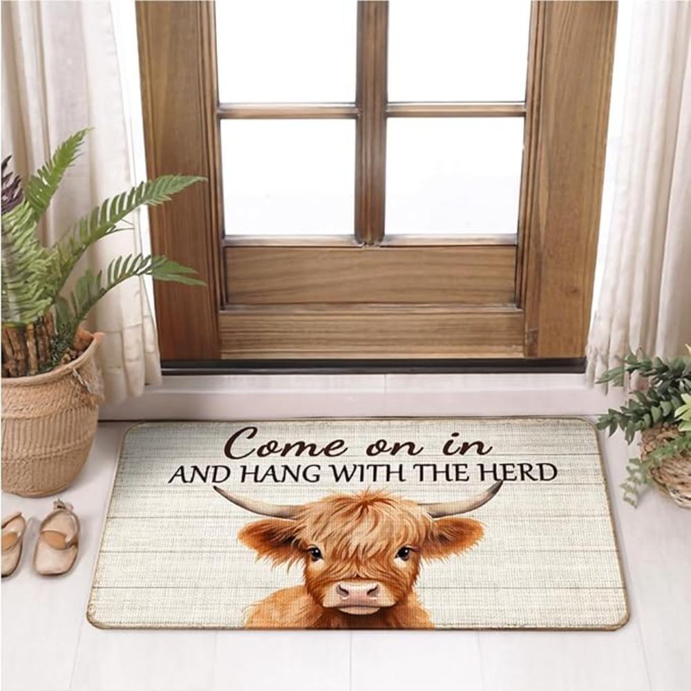 Christmas Highland Cow Carpet Mat Rug -Red Plaid Snowflake & Beige Wood Pattern Non-slip Home Decoration Floor Mat Welcome Mat