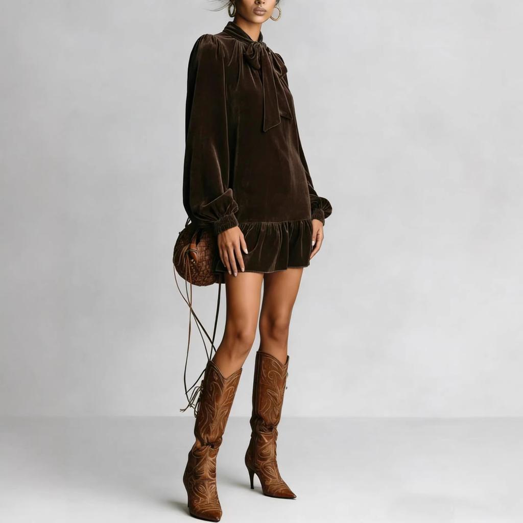 Women's Velvet Bubble Sleeve Bow Neck Ruffle Hem Midi Dress