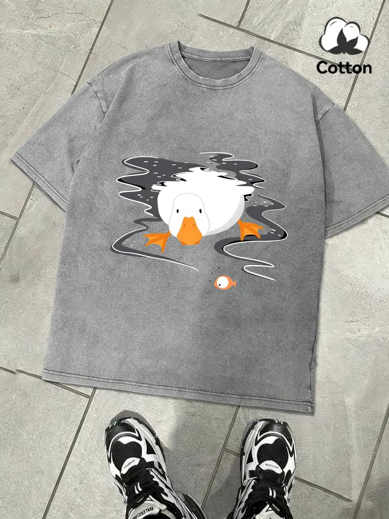 A Goose Free In The Water Design Snow Wash Men Tee Summer Retro T Shirt Soft Fashion Washed Clothing Unisex Cotton ONeck Tops