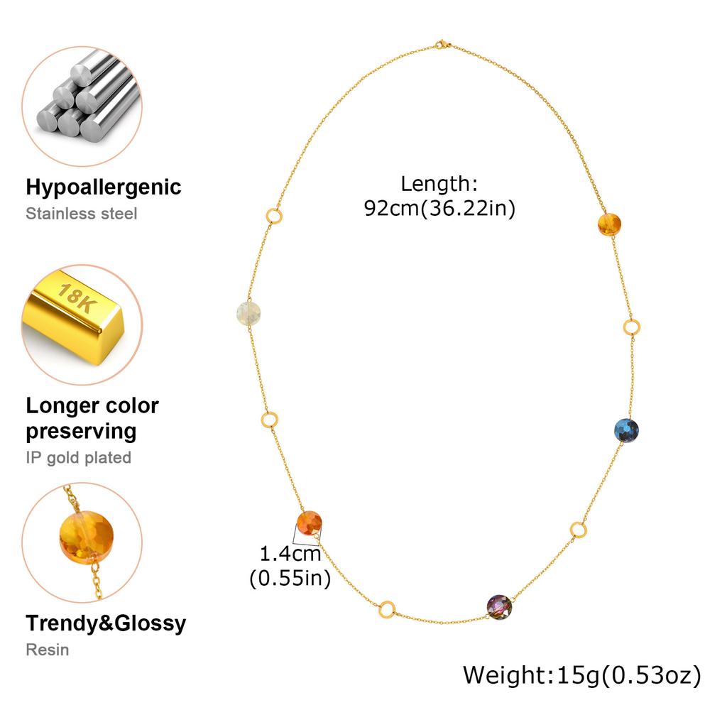 Chic Geometric Colored Beads Long Necklace, Stainless Steel Layered Sweater Chain Necklace, Stackable Fashion Jewelry for Women