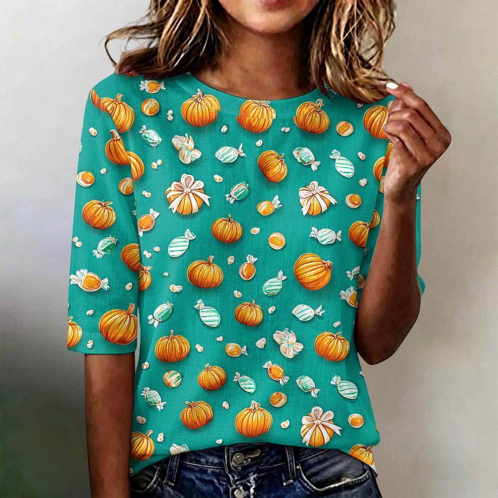 Women Casual Loose Fit Short Sleeve T Shirt Round Neck Lightweight Halloween Pumpkin Web Pattern Top