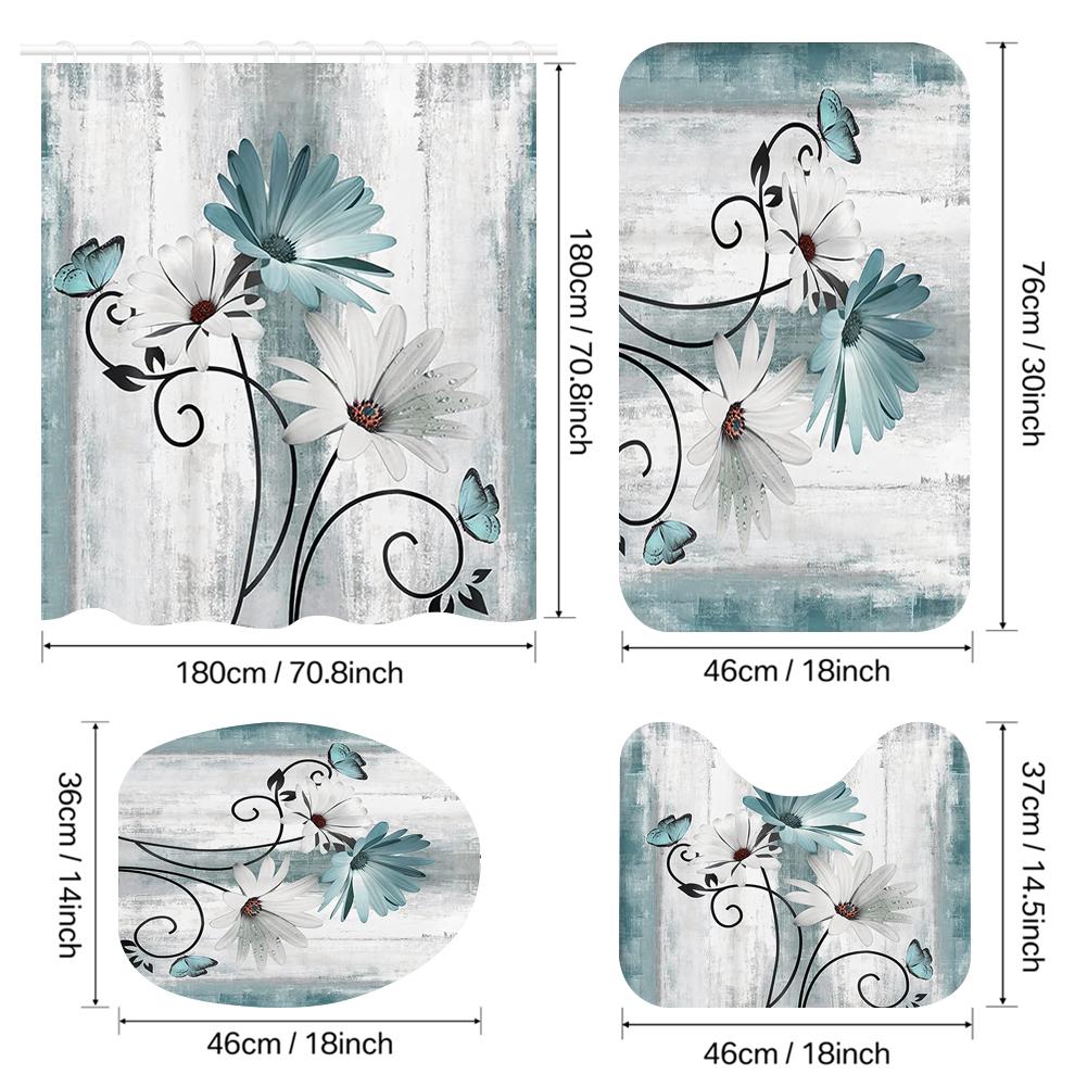 4-Piece Set 3D Printed 180x180cm Waterproof Shower Curtain With Hooks Bathroom Floor Mat U-Shaped Mat Toilet Cover Mat For Home