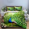 Oil Painting Peacock Full Open Tail Floral Garden Bedding SetGreen Bird Pink Flower Vintage Art Print 1Duvet Cover 2 Pillowcase
