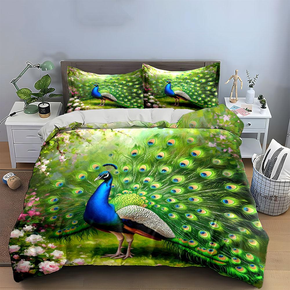 Oil Painting Peacock Full Open Tail Floral Garden Bedding SetGreen Bird Pink Flower Vintage Art Print 1Duvet Cover 2 Pillowcase