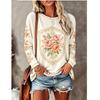 Women Crew Neck Long Sleeve Tops, Vintage Rose Floral Print Casual Loose T‑Shirt