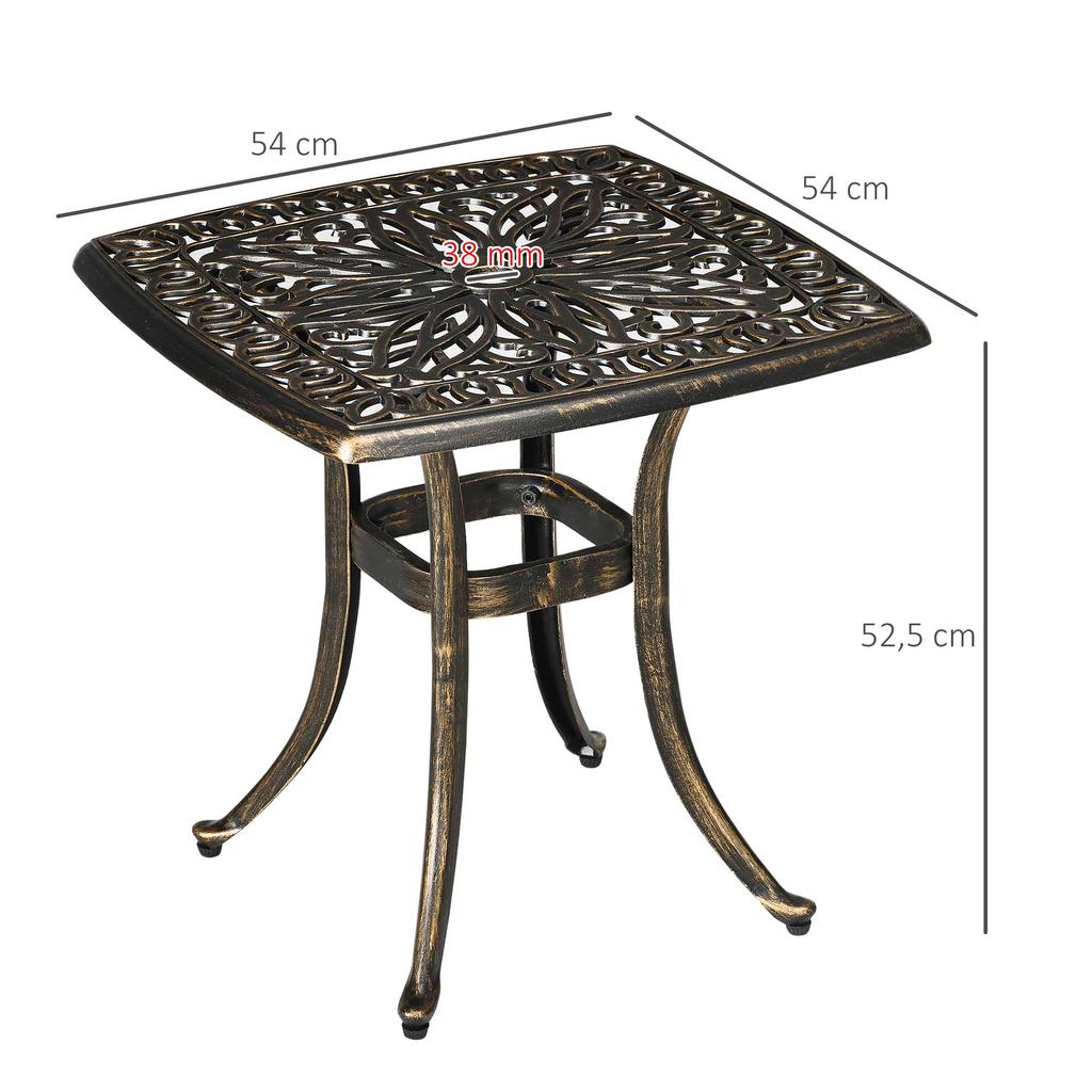 Zewnętrzny Stolik Boczny na Taras z Średnicą 38 mm. Otwór na parasol, Patio stolik kawowy z odlewanego aluminium, 54 x 54cm, Odcień brązu