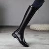 Black Elegant With Low Heels Pointed Toe Leather Women'S Long Boots  Autumn Winter Fleece-Lined Ladies Knee High Shaft Shoes