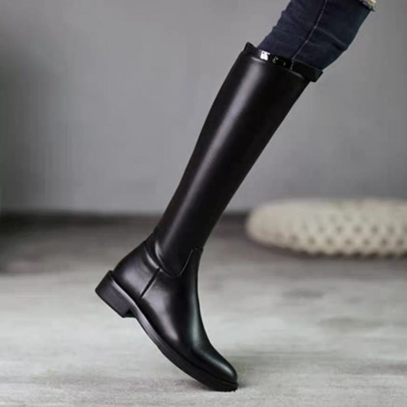 Fashion Black Elegant with Low Heels Pointed Toe Leather Women's Long Boots 2025 Autumn Winter Fleece-Lined Ladies Knee High Shaft Shoes