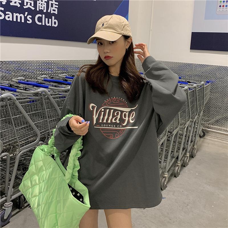 Cotton Mid-length Versatile Loose Round Neck Sweatshirt for Women In Autumn and Winter Thin Top Base Shirt Long Sleeve T-shirt for Women