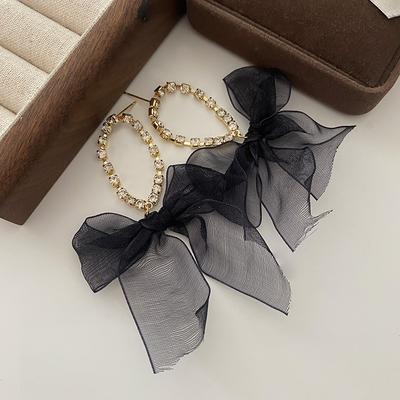 Mesh Bow Earrings Long Fringed Atmosphere High-end Ear Jewelry Korean Version of Hepburn Cold Wind Earrings Women