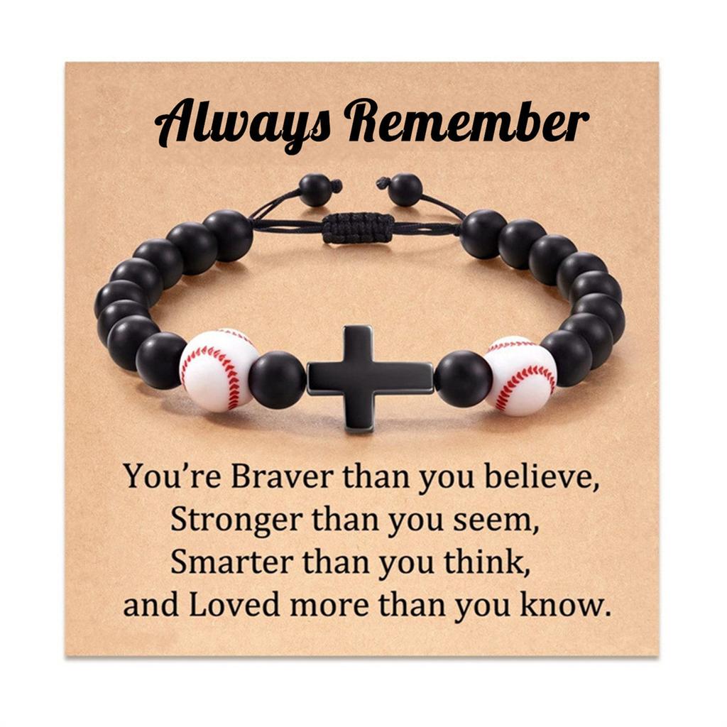 Baseball Basketball Football Soccer Gifts, Natural Stone Baseball Cross Prayer Bracelets for Teen Ideas with Message Gift Card