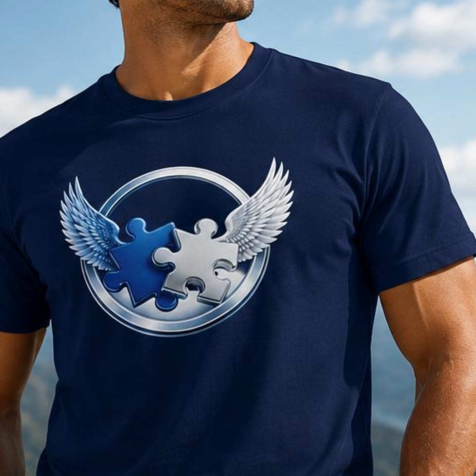 Puzzle Piece Wings Graphic Tee, Inspirational Unisex Shirt, Everyday Casual Fashion T-Shirt L