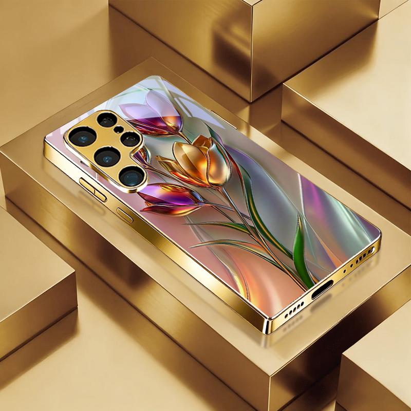 Glossy Metallic Flower Electroplated Golden Phone Case For Samsung S22 Ultra S21 S20 FE S23Plus S24 S25 S26 Note 20 Glass Cover