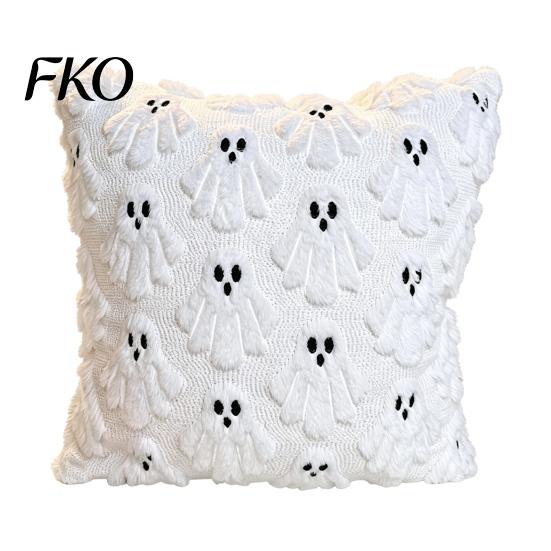 Seasonal Halloween Bedroom Accessories Ghost Cushion Cover, Fuzzy Throw Pillow 18x18 Inch Festive Living Room Sofa Decor Washable Plush Case for Couch