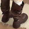 Winter Fashion Platform Woman Knee High Boots Fashion Belt Buckle Square Heels Modern Long Booties