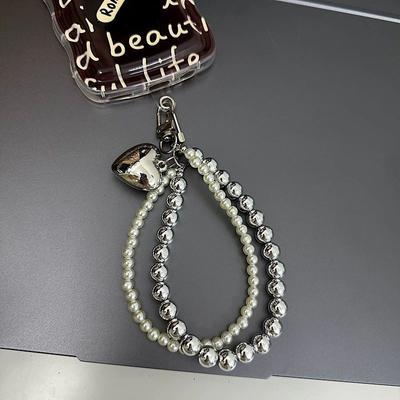 Korean INS Pearl Silver Bead Double Chain Heart Pendant Phone Chain Car Keychain Pendant Anti-drop Phone Chain