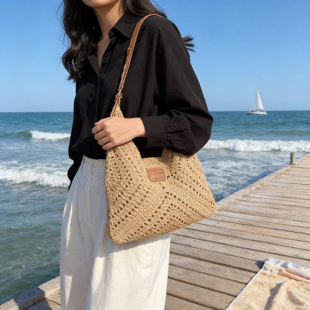 Cotton Rope Woven Bucket Bag With Drawstring Closure For Casual Travel And Day Use