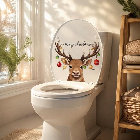 Festive Window Clings Christmas Elk Toilet Seat Cover Sticker, Cartoon Reindeer Lid Durable Waterproof Decals Decal, Self-Adhesive