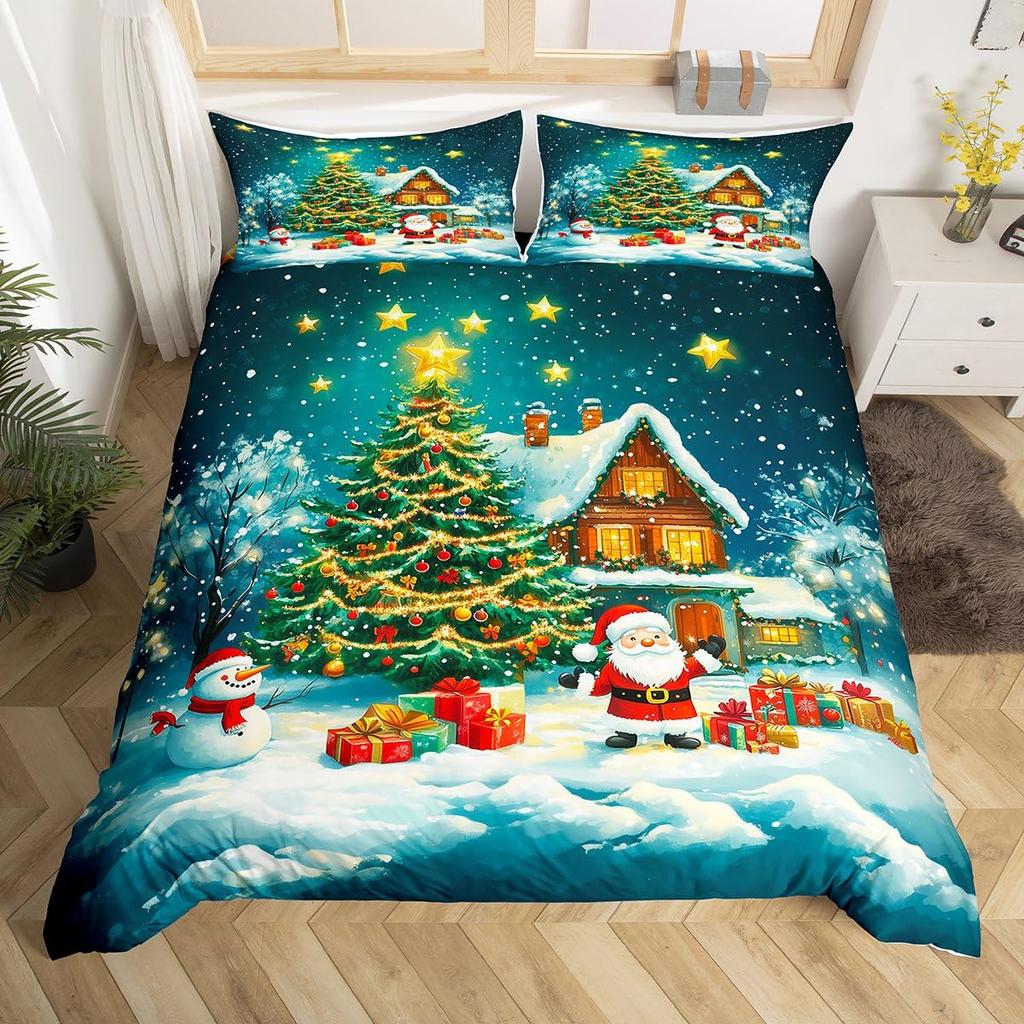 Happy New Year Xmas Duvet Cover 3 Piece Snowman Bedding Set Winter Themed Comforter Cover Merry Christmas Themed Bedspread Cover
