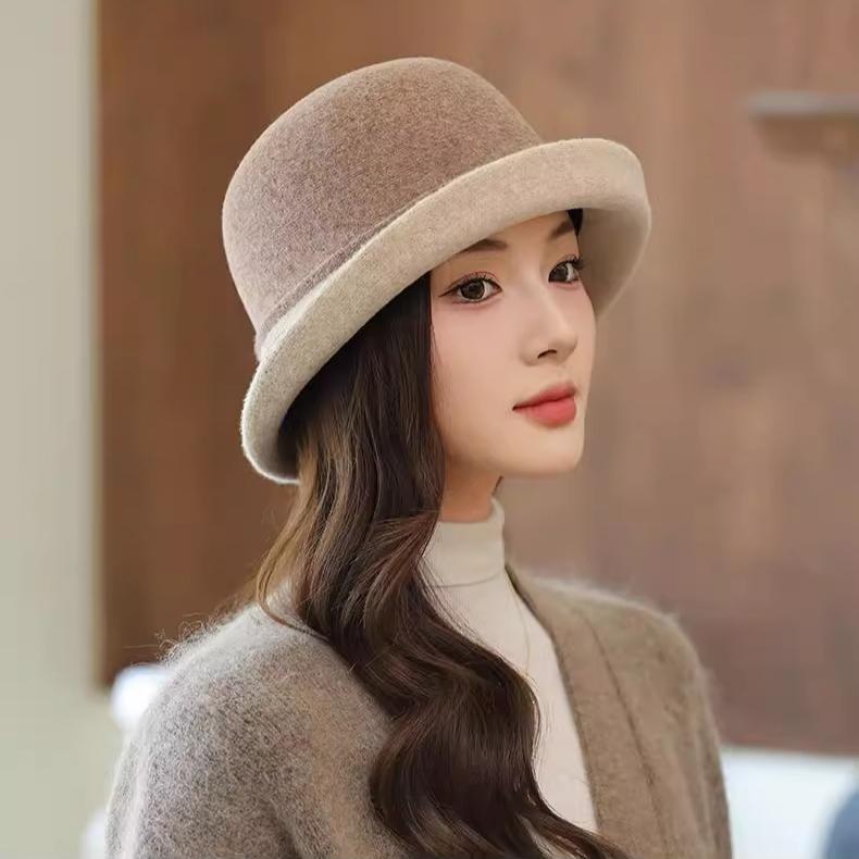 Wool Felt Hat Women's Autumn and Winter Fashion Retro Bow Warped Edge Elegant Celebrity Top Hat Bucket Hat