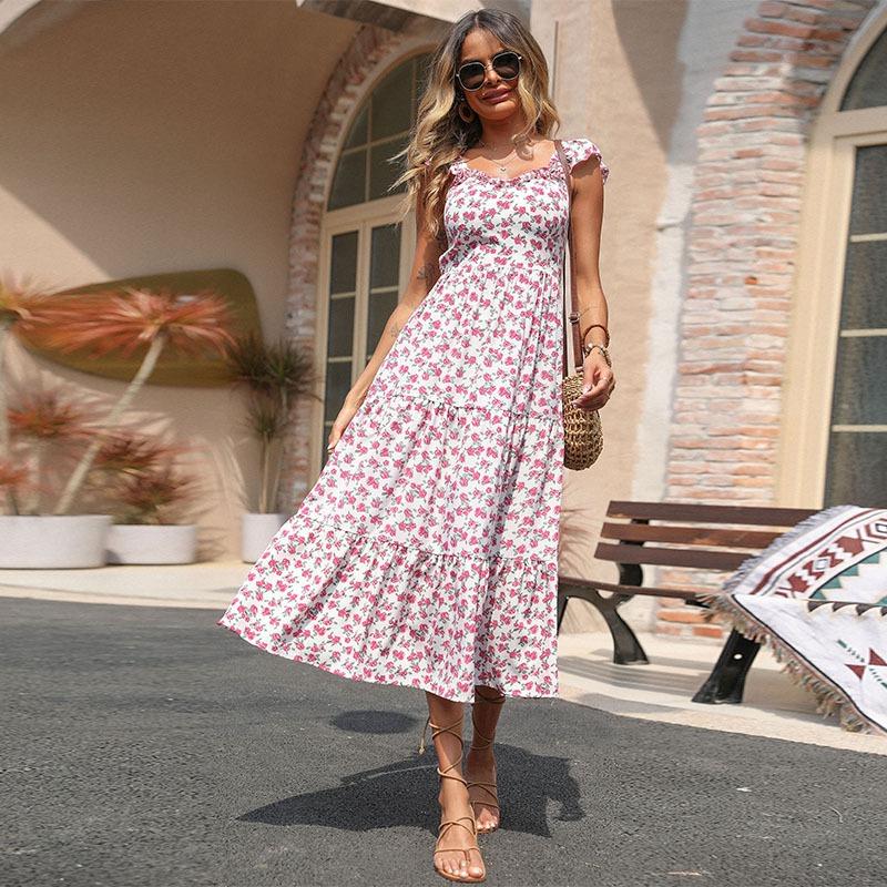 Women Sweet Floral Print Square Neck High Waist Flutter Sleeve Midi A Line Dress