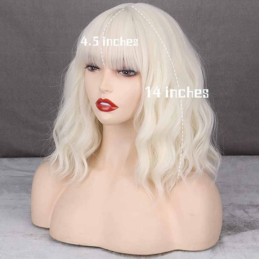 MISSQUEEN Kurze platinblonde Perücken, weißblonde, gewellte Perücke mit Pony, synthetische, mittellange, gewellte Bob-Perücke für den täglichen Gebrauch