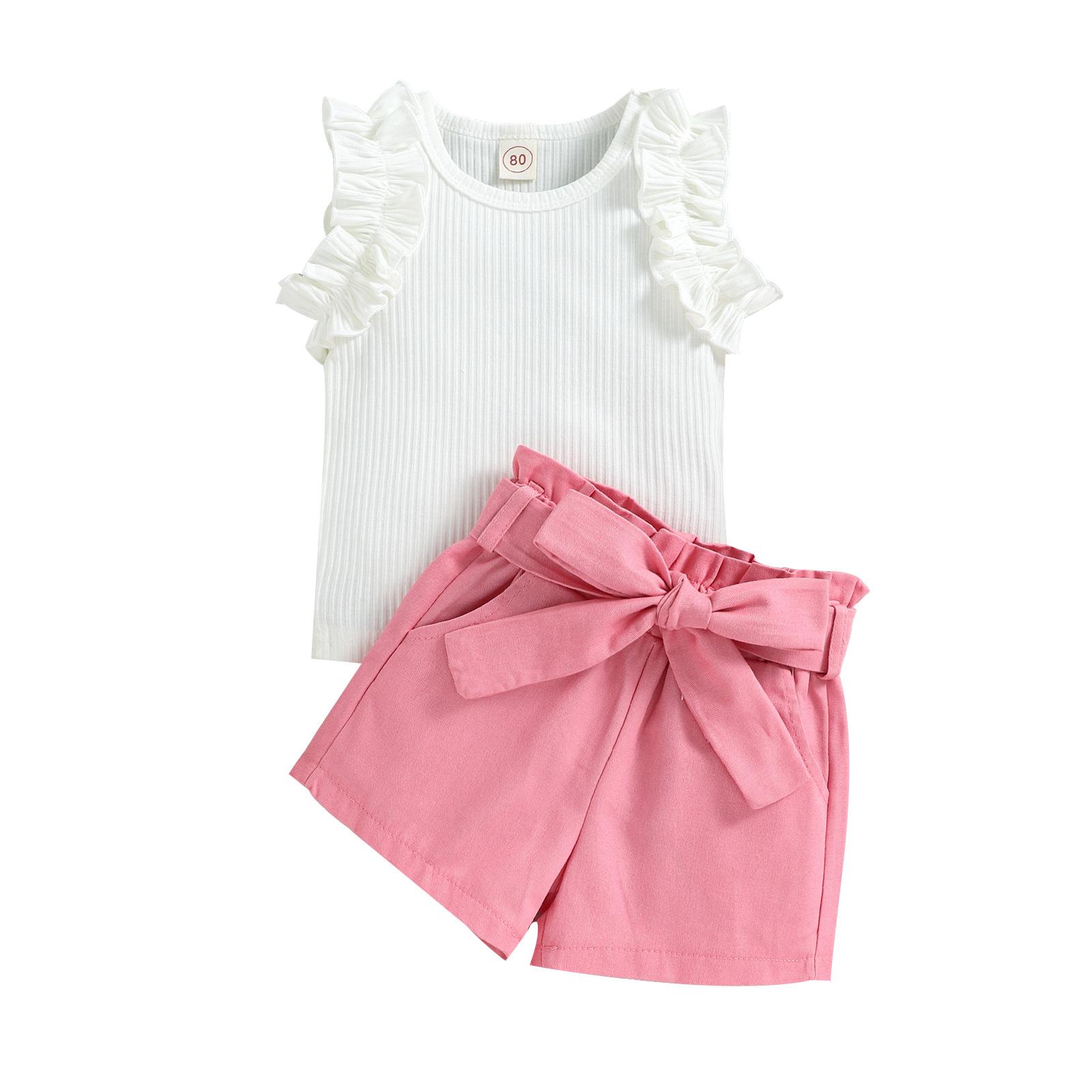 

Детский модный комплект, летний комплект из трех предметов для девочек, мягкий хлопковый жилет с кружевными рукавами и шортами, пояс 120cm розовый