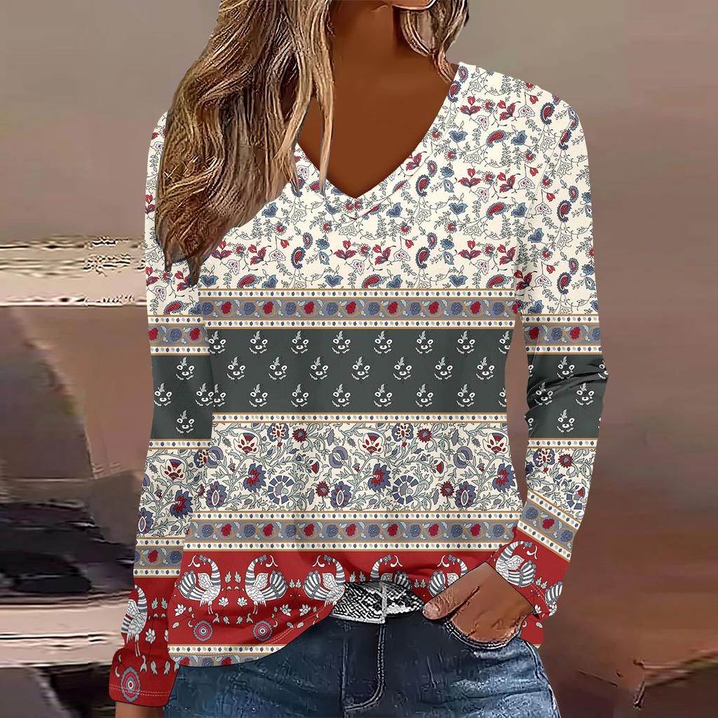 Europäische und amerikanische Mode 2025 Damen Elegantes V-Ausschnitt Langarm T-Shirt