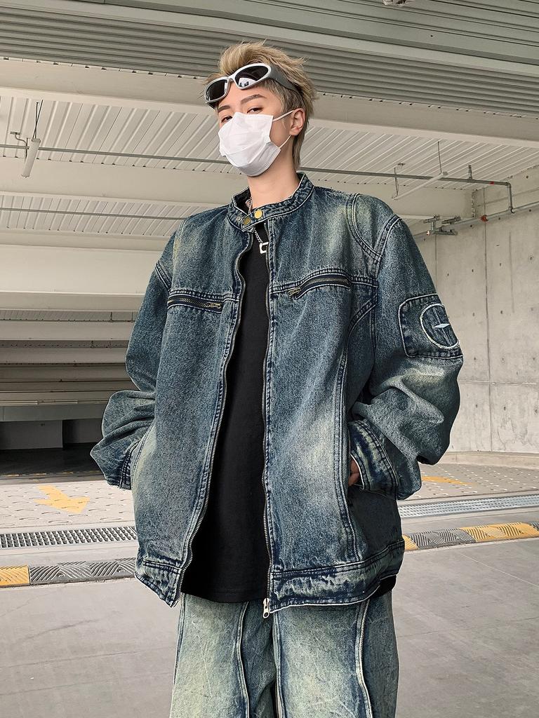 2025 Spring American High Street Locomotive Denim Jacket Men's Washed Old Trendy Brand Loose Casual Zipper Jacket