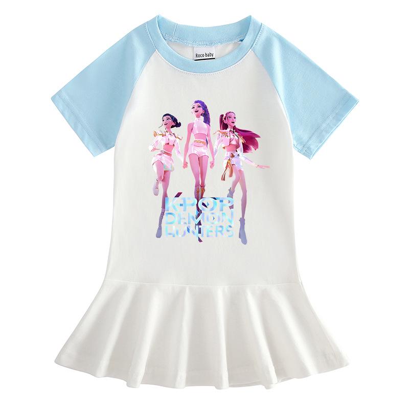Kpop Monster Hunter Girls' Summer Pleated Dress - Stylish Color Block Ruffle Skirt for Children