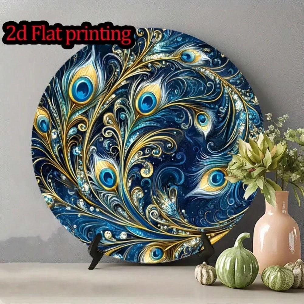 Vintage Metal Peacock Feather Wall Art, 2D Flat Blue Decorative Tin Sign for Home Garden Yard Living Room Decor