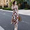 Popular] Rose Floral Suspender Dress Women's Summer New Coffee Break French High-end Temperament Medium and Long Dress