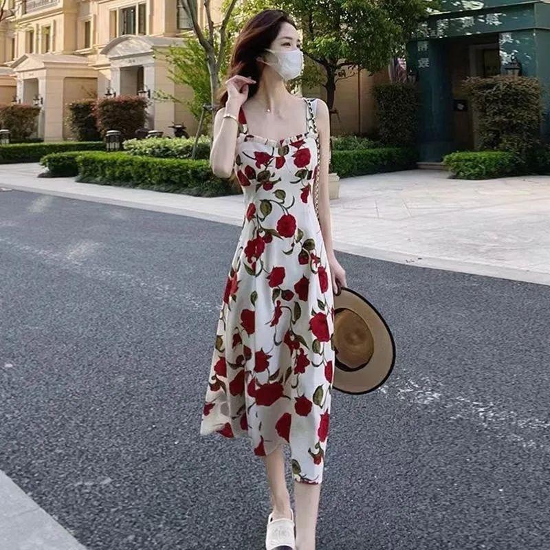 Popular] Rose Floral Suspender Dress Women's Summer New Coffee Break French High-end Temperament Medium and Long Dress