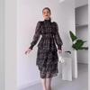2024 Autumn Women's Fashion High Waist Chiffon Dress – Print, Round Neck, Long Sleeve