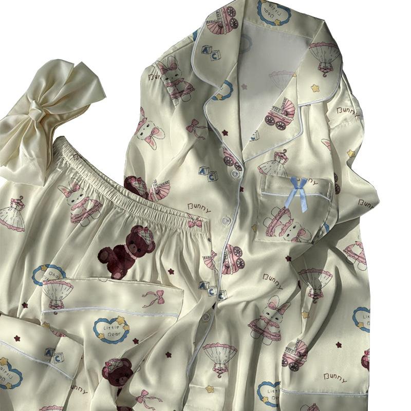 Ice Silk Pajamas Girlish Cartoon Print Long-Sleeved Silk Thin Loungewear