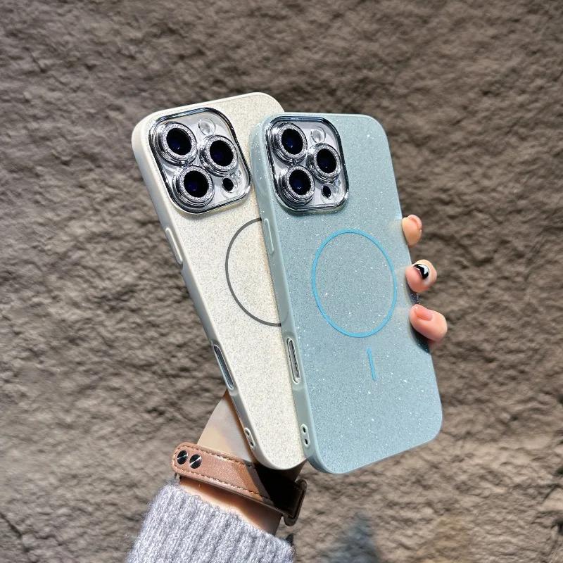 Glitter Glass Camera Protector Phone Case for For Iphone 1 14 16 Plus 11 12 13 16 Pro Max Shining Magnetic Shockproof Cover