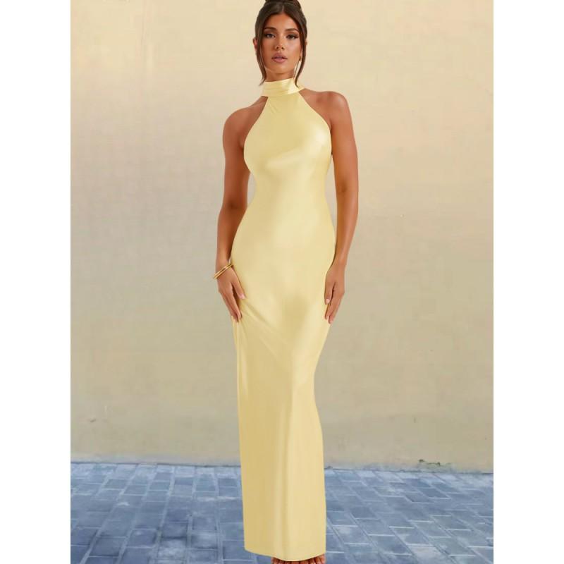 Womens Satin Slip Dress High Neck Sleeveless Bodycon Maxi Split Design Party