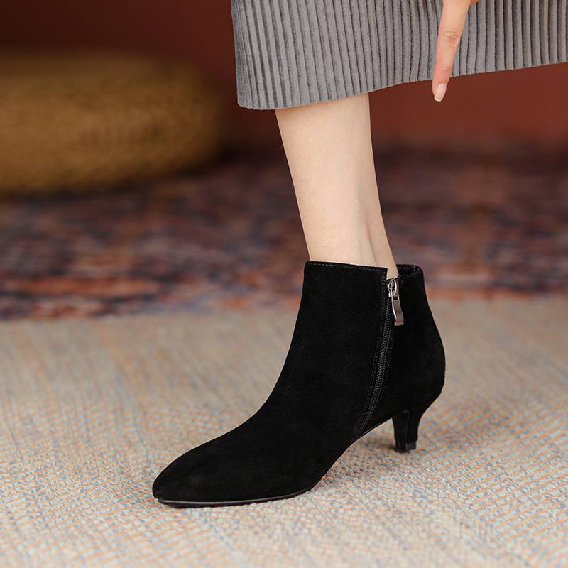 Krazing Pot Cow Suede Winter Round Toe Med Thin Heels Modern Boots Women Big Size 43 Zipper Basic Clothing Ankle Boots