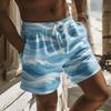 Men's Blue-White Gradient Wave Stripe Print Drawstring Shorts, Spring