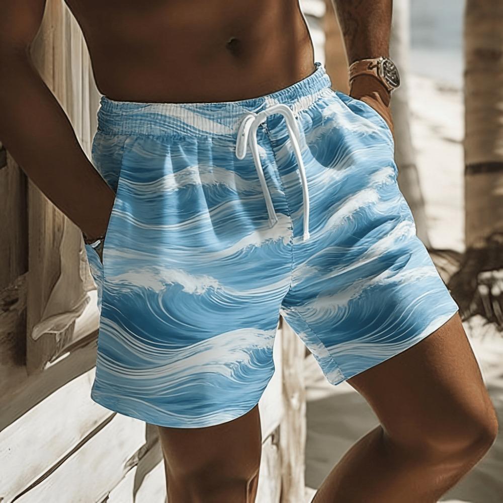 Men's Blue-White Gradient Wave Stripe Print Drawstring Shorts, Spring